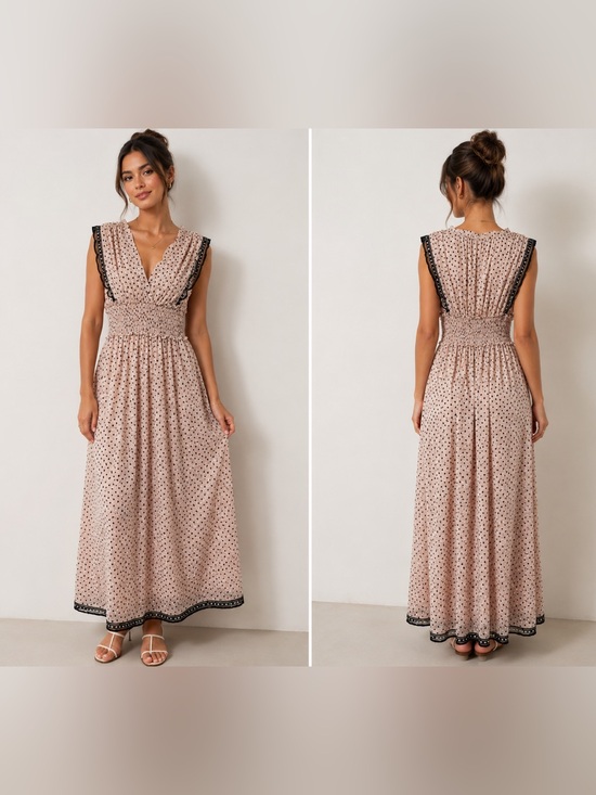 Max Studio Dresses & Skirts - Max Studio Blush Polka Dot Maxi Dress with Black Trim